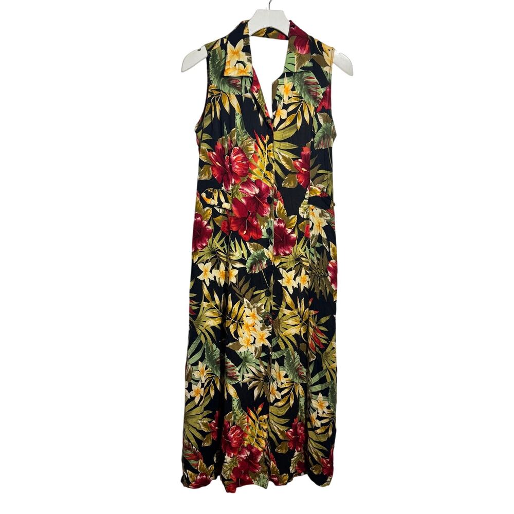 White Stag Vintage Tradwife Tropical Maxi Dress Women Black Green 90s Boho Beach